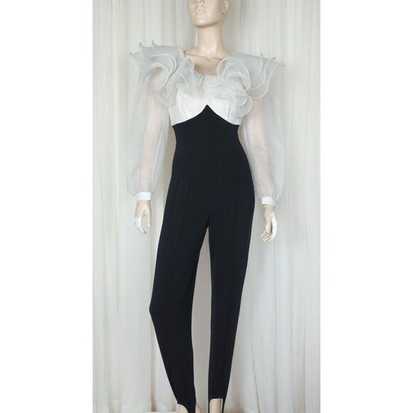 Vintage 80s White Organza Ruffle Black Bodycon Stirrup Pant Jumpsuit Size Small - Picture 1 of 11